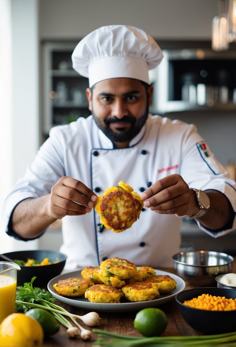 A chef prepares tangy pollak fritters, surrounded by fresh ingredients and cooking utensils