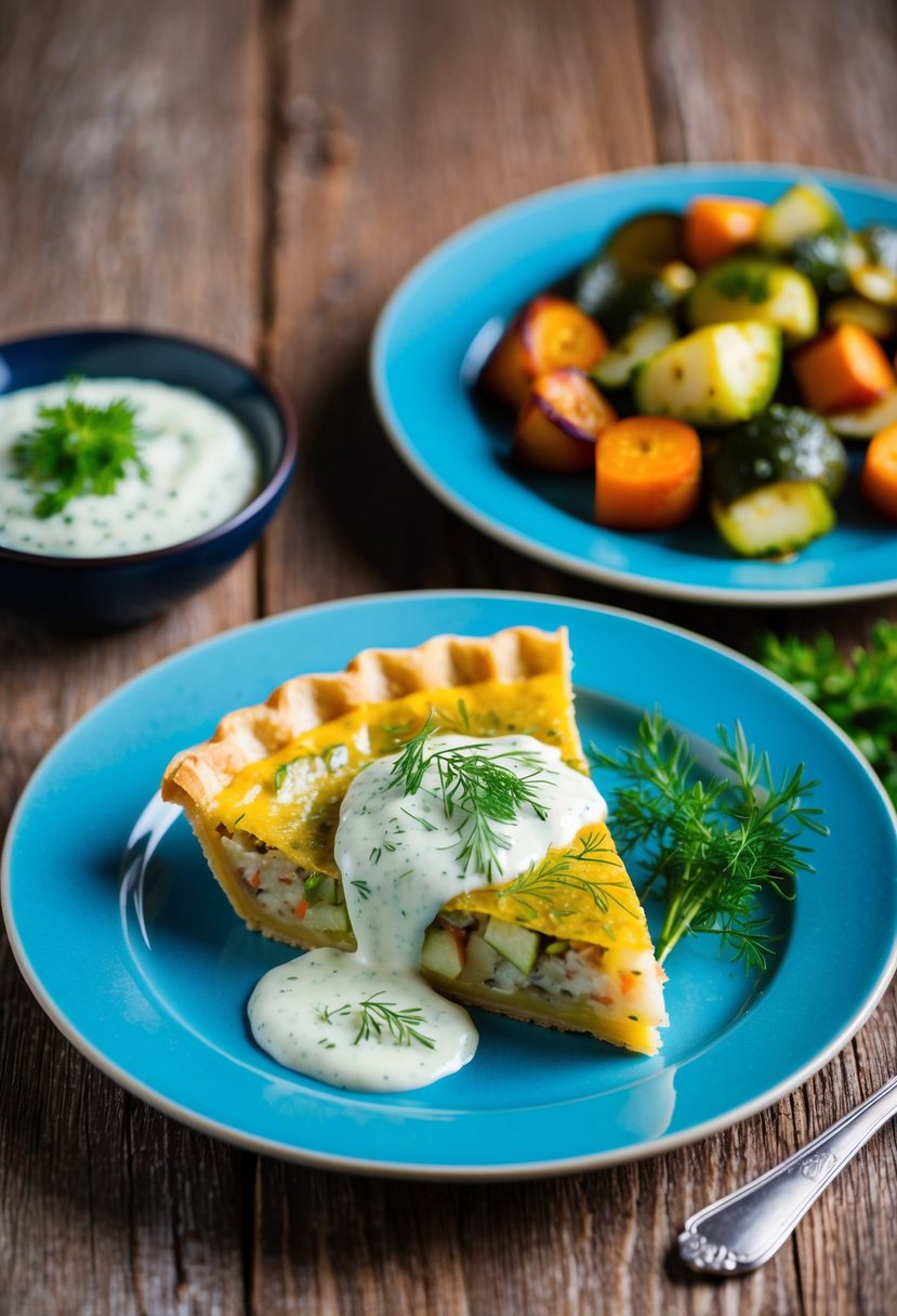 A plate of Pollak Pie with Dill Sauce, garnished with fresh herbs and served with a side of roasted vegetables