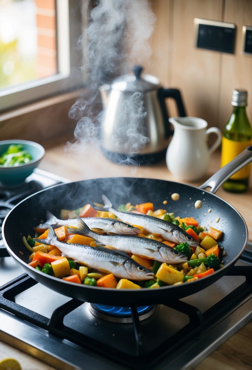 A sizzling pan with colorful stir-fried vegetables and pollack fish, steam rising and aroma filling the kitchen