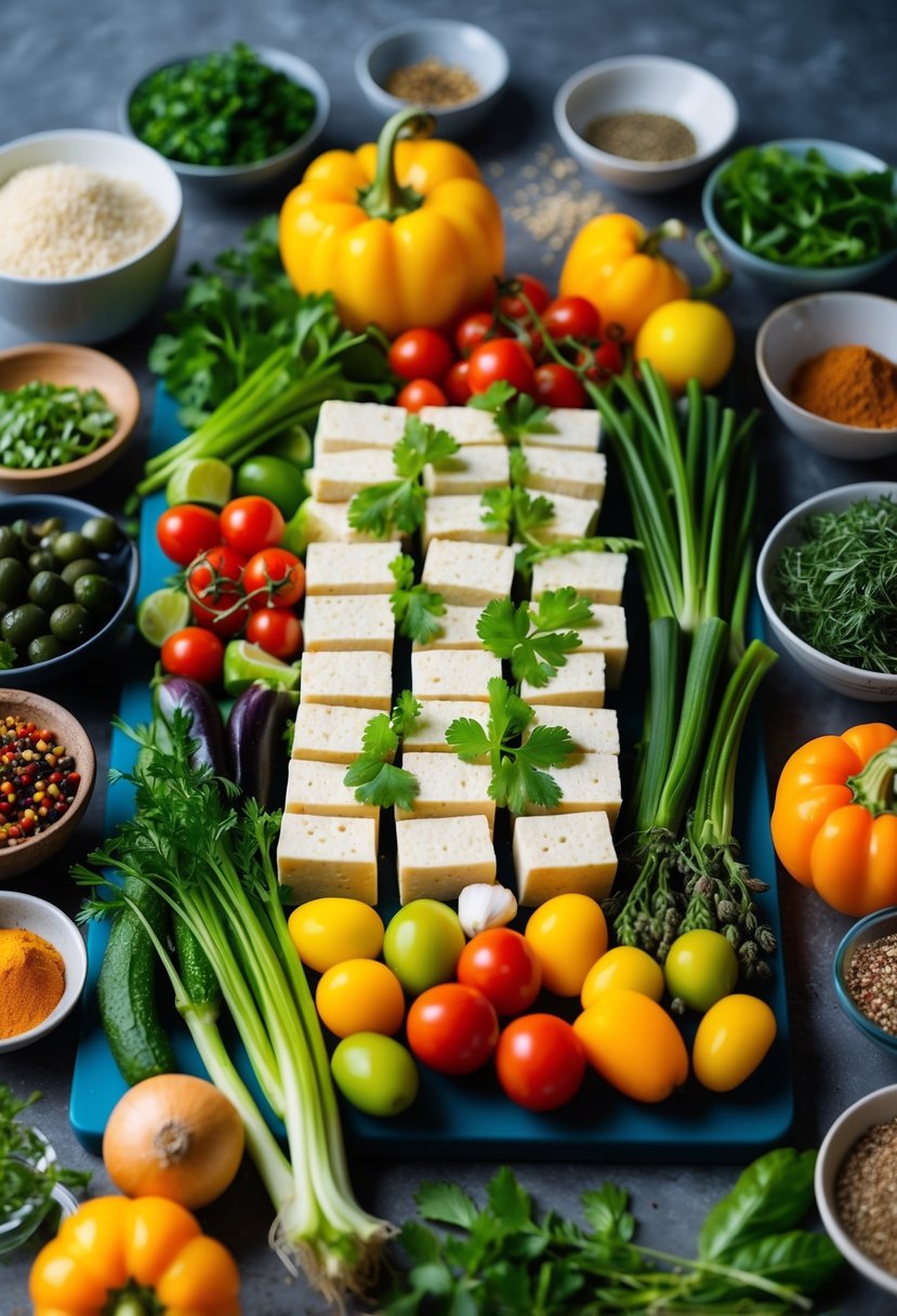 A colorful array of fresh vegetables and tofu arranged on a cutting board, surrounded by various herbs and spices