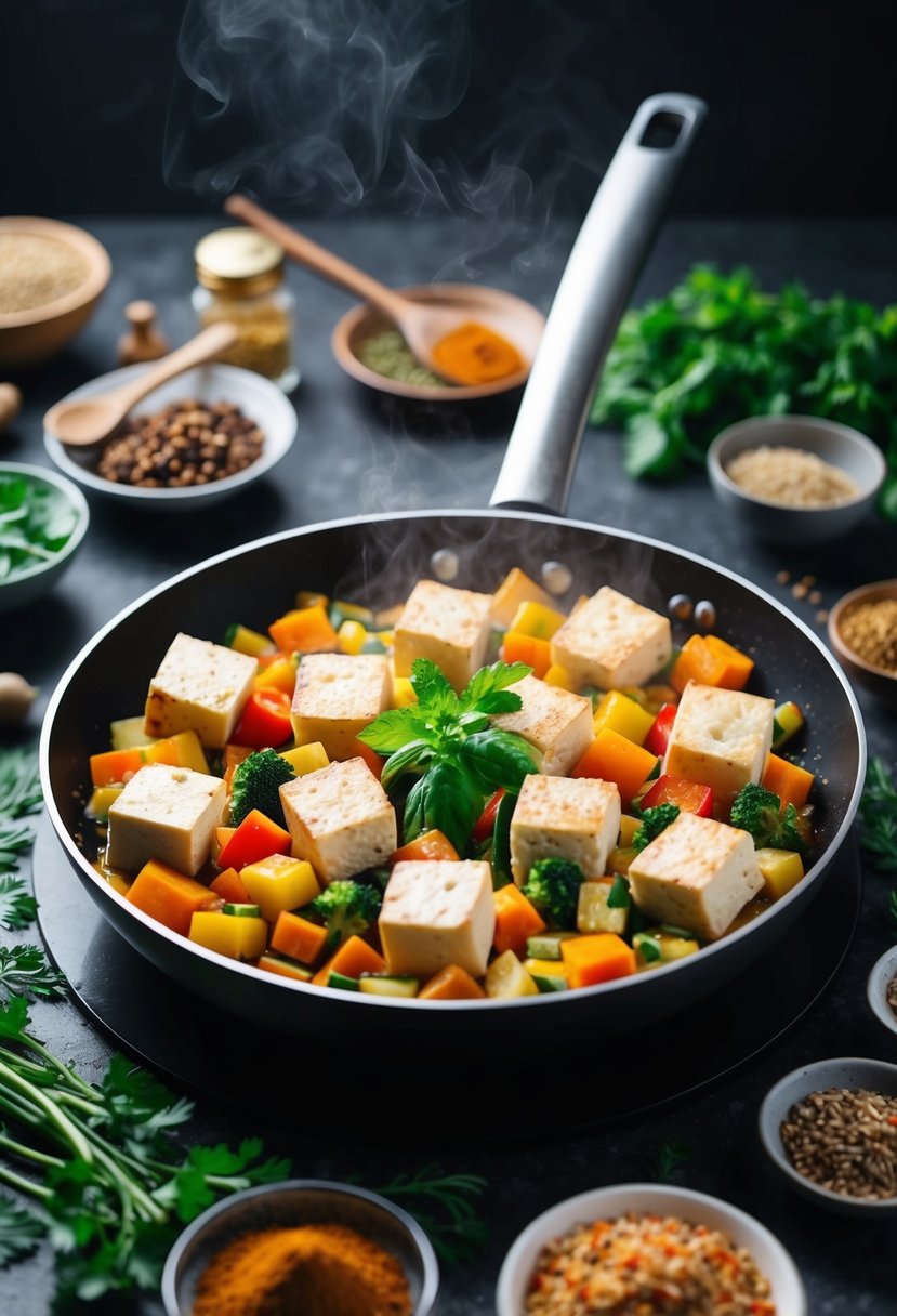 A sizzling pan filled with colorful vegetables and cubes of tofu, surrounded by an array of aromatic spices and herbs