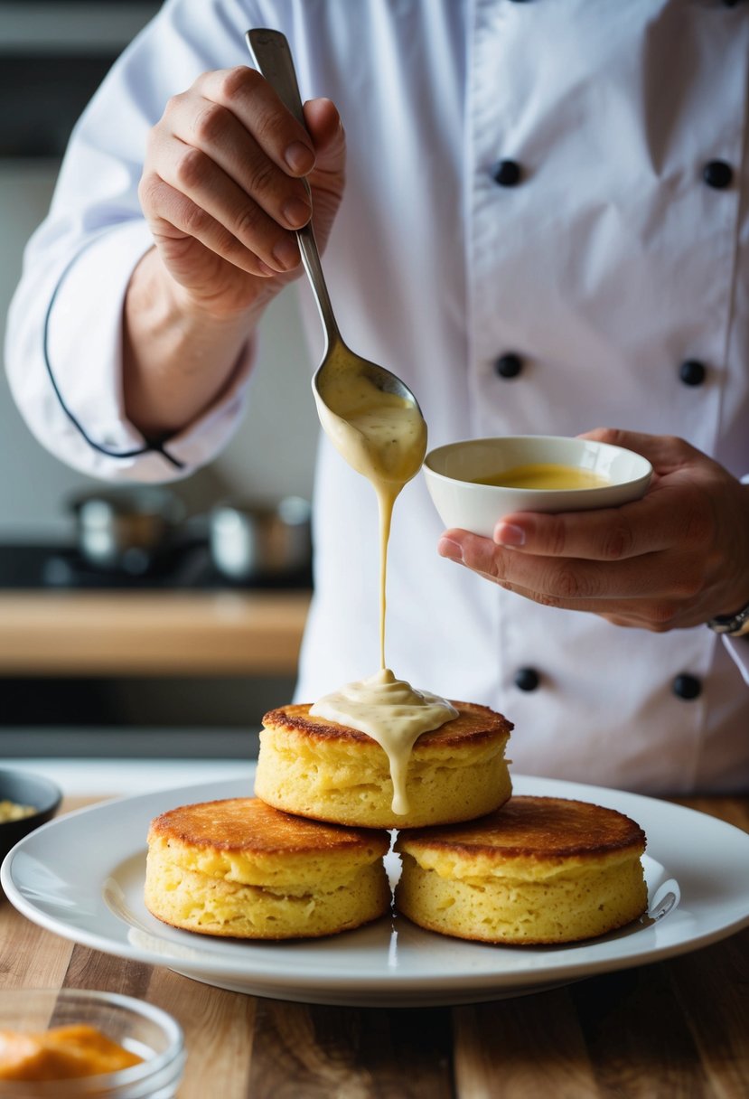 A chef prepares pollak cakes, drizzling them with aioli