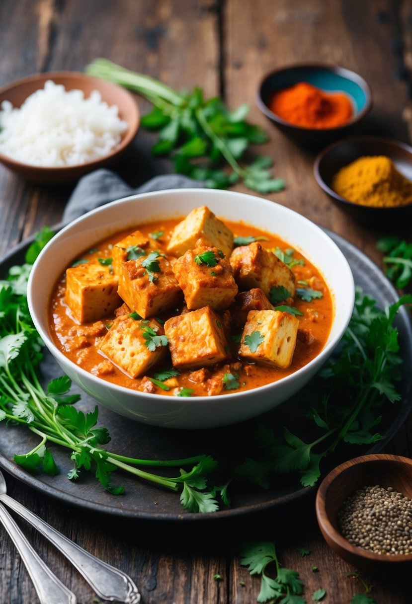 A steaming bowl of tofu tikka masala surrounded by vibrant spices and fresh herbs on a rustic wooden table