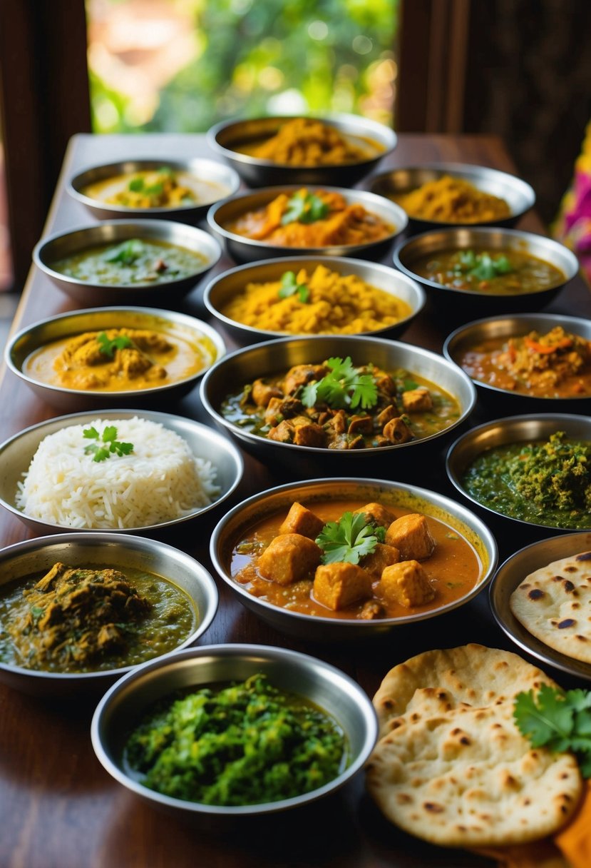 A table filled with traditional Indian dishes prepared without fire, including various curries, chutneys, and breads