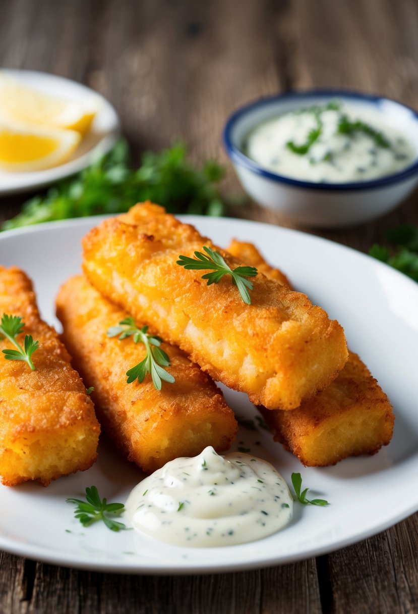 Golden-brown Pollak fish sticks arranged on a white plate with a side of tartar sauce and a sprinkle of fresh herbs