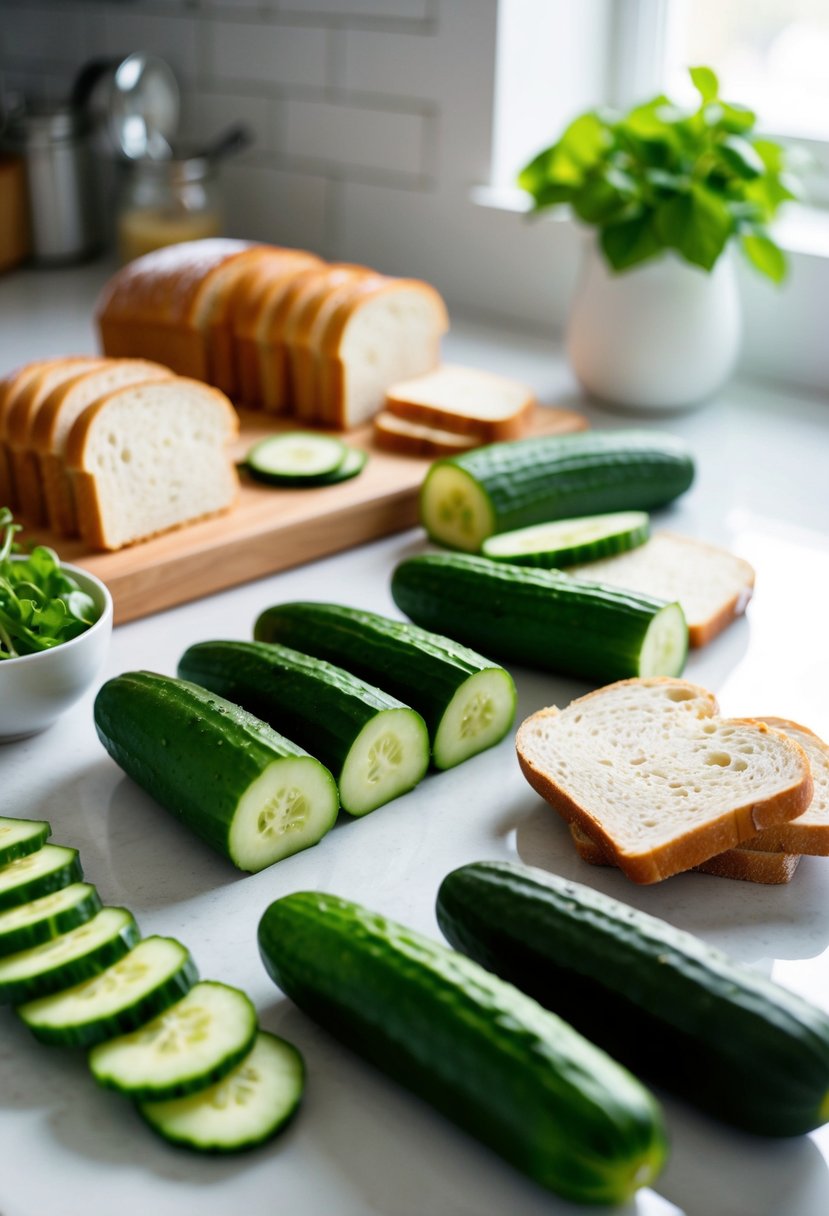 Fresh cucumbers, sliced bread, and various fillings laid out on a clean kitchen counter for making rolled cucumber sandwiches