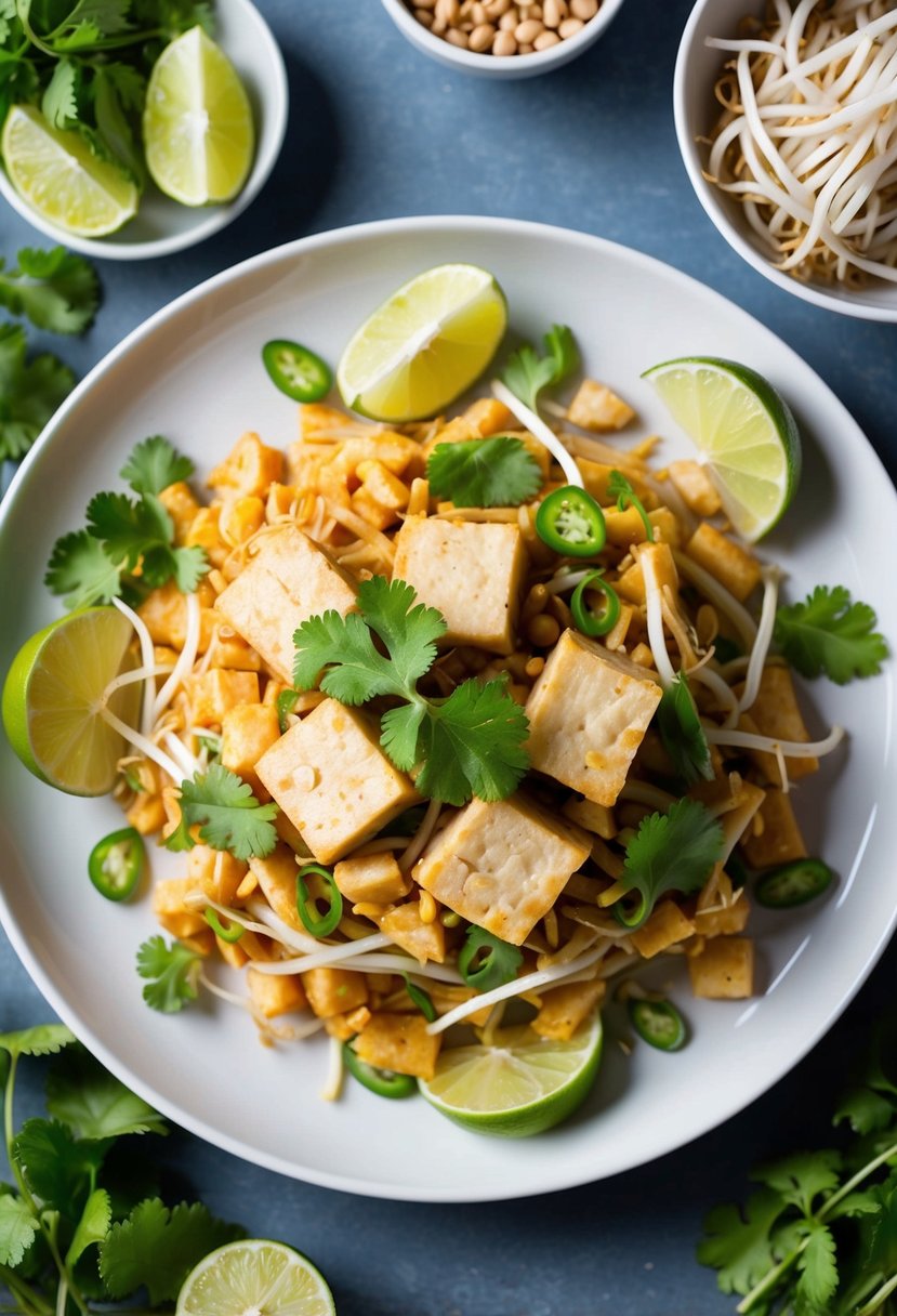 A colorful plate of Tofu Pad Thai surrounded by fresh ingredients like bean sprouts, lime wedges, and cilantro