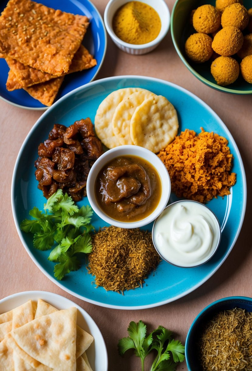 A colorful array of ingredients arranged on a plate: crispy papdi, tangy tamarind chutney, creamy yogurt, and aromatic spices