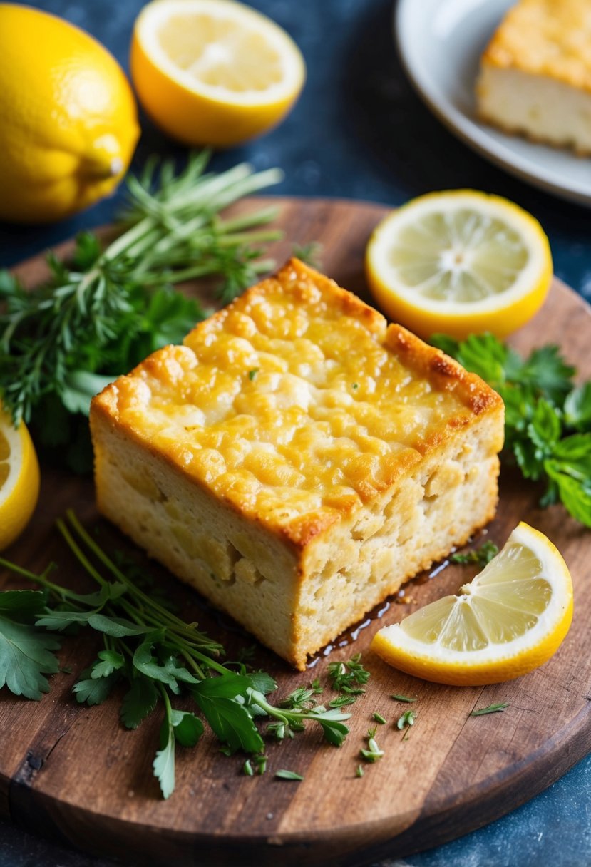 A golden-brown block of crispy baked lemon tofu, surrounded by fresh herbs and slices of vibrant citrus on a rustic wooden cutting board