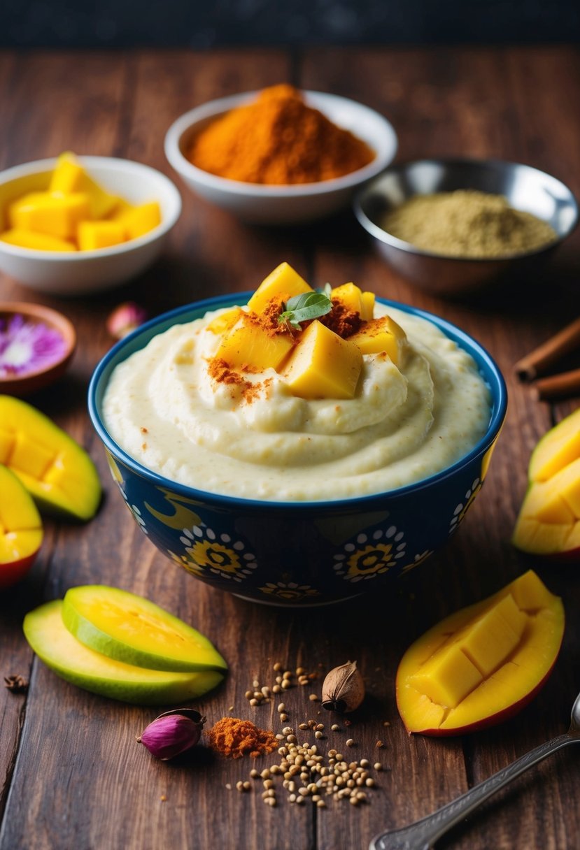 A bowl of creamy mango shrikhand sits on a wooden table, surrounded by vibrant Indian spices and fresh mango slices