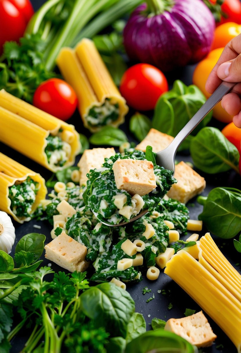 A colorful array of fresh spinach and tofu being mixed and stuffed into cannelloni pasta tubes, surrounded by a variety of vibrant vegetables and herbs