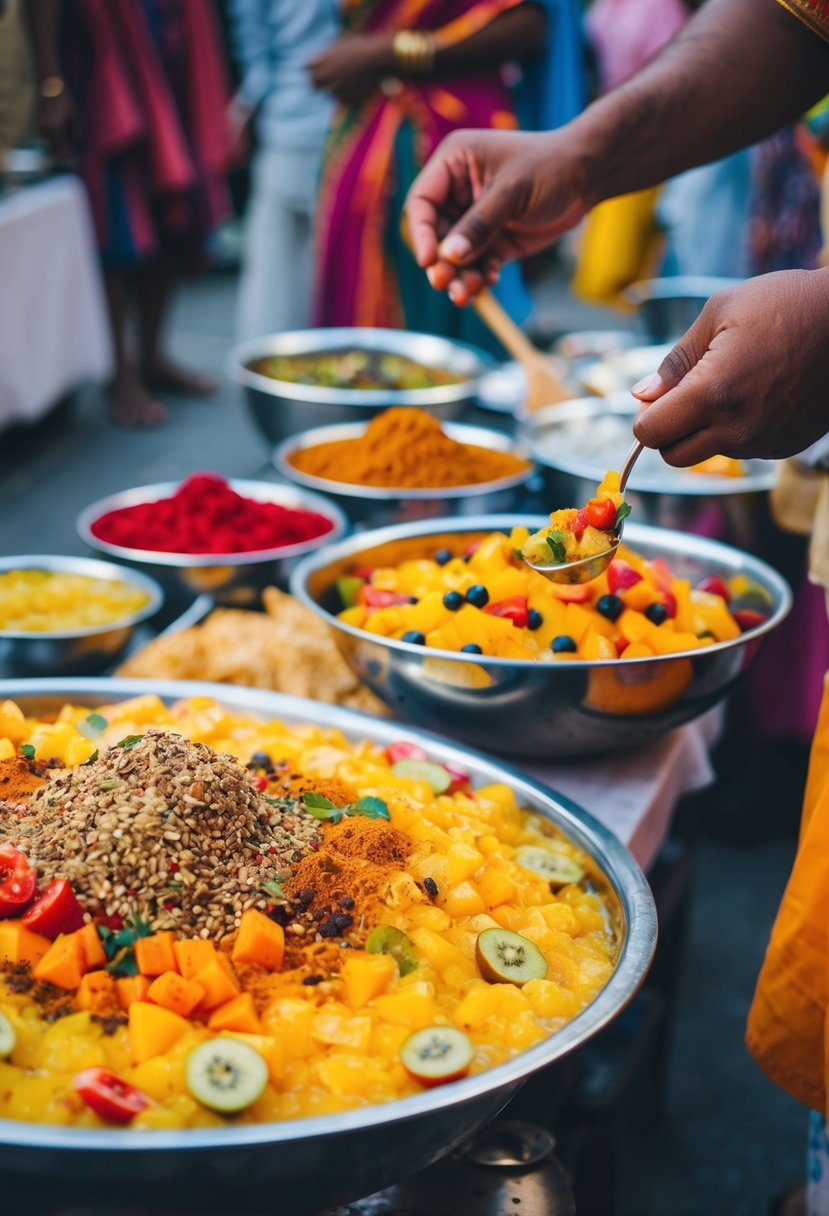 A street vendor prepares Delhi Fruit Chaat, mixing colorful fruits and spices in a large bowl, ready to serve the popular Indian snack