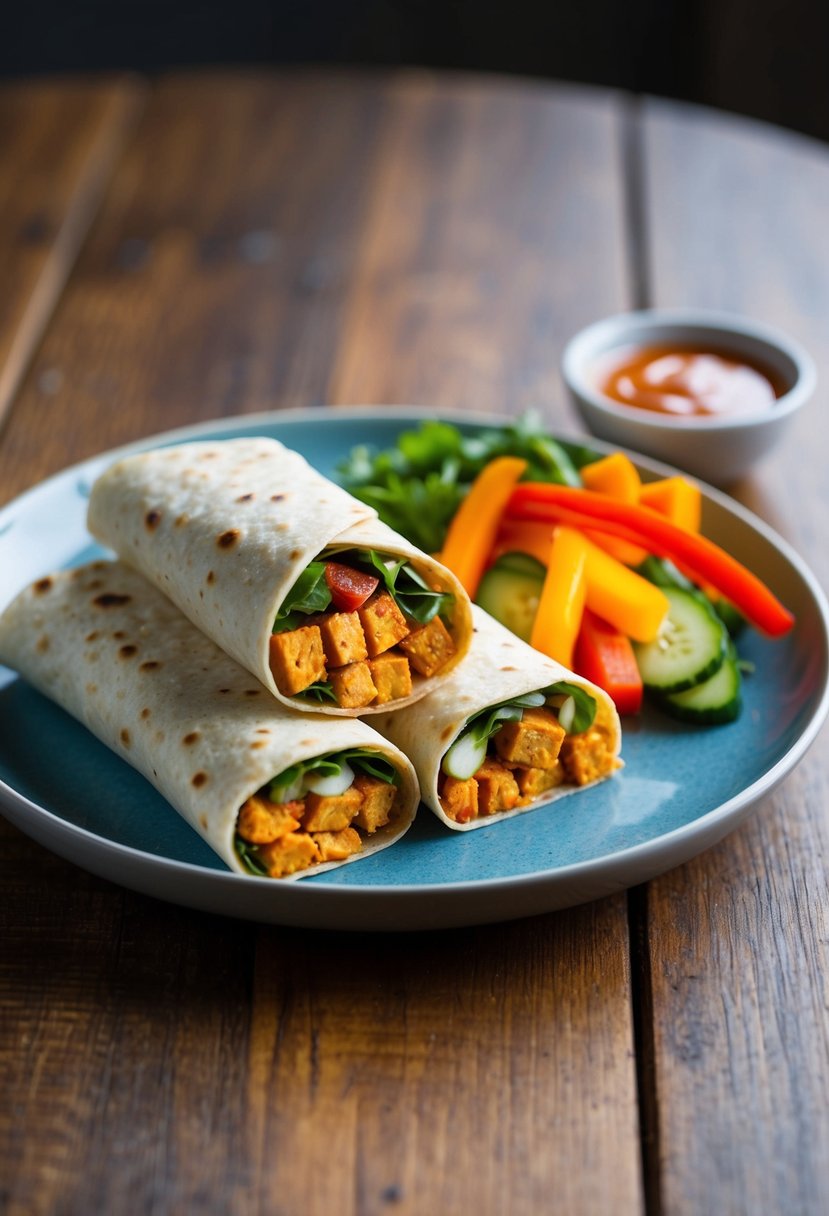 A plate of buffalo tofu wraps with colorful vegetables and a side of dipping sauce on a wooden table