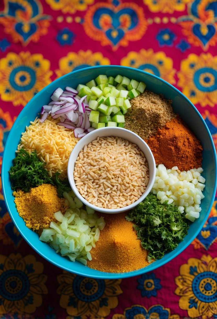 A colorful array of ingredients for spiced Behl Puri, including puffed rice, chopped vegetables, and a variety of spices, arranged on a vibrant, patterned tablecloth