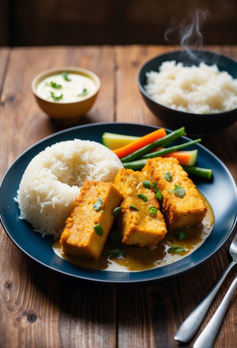 A plate of golden crispy tofu katsu curry with steaming rice and colorful vegetables on a wooden table