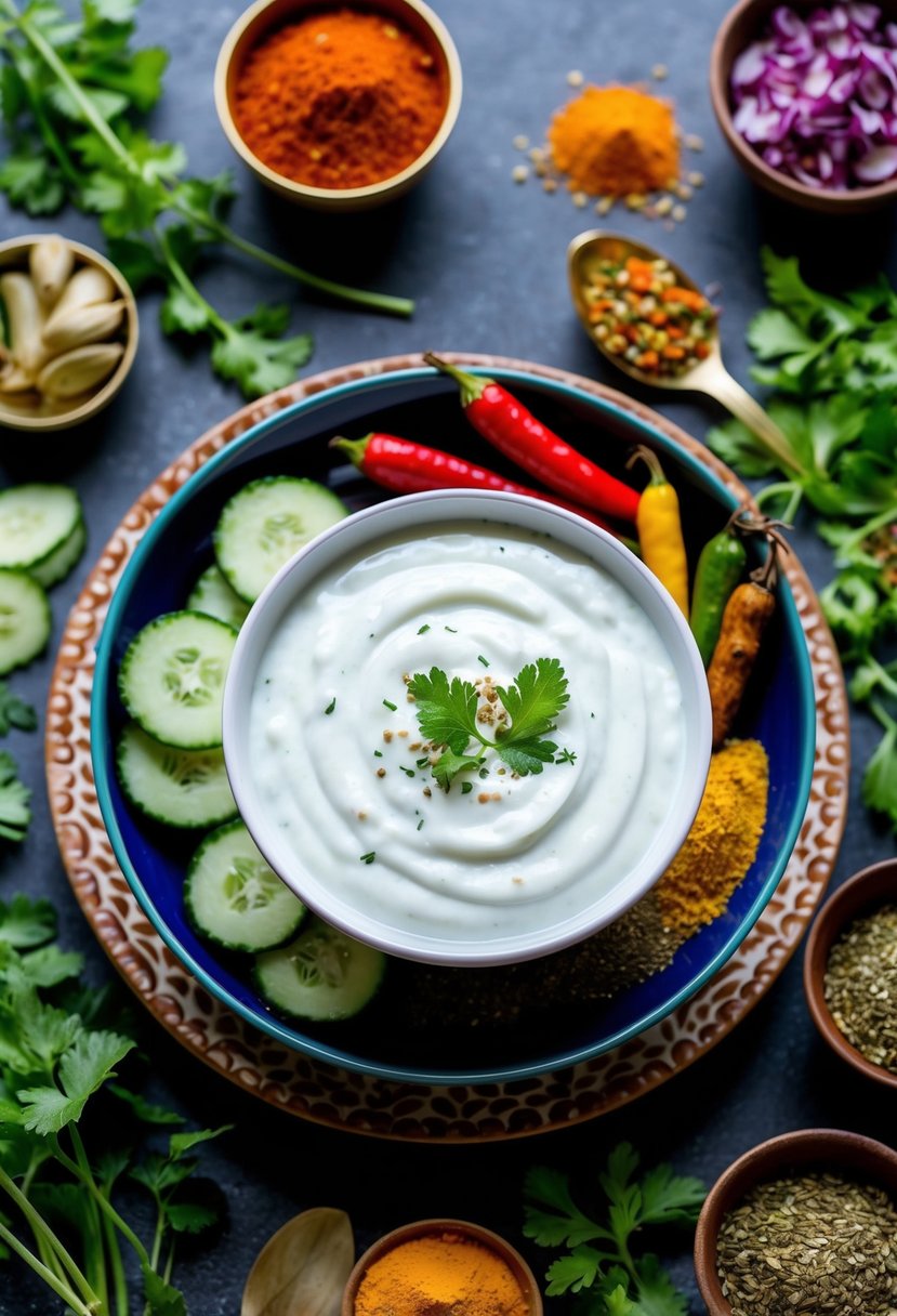 A bowl of yogurt raita with cucumber, surrounded by vibrant Indian spices and herbs