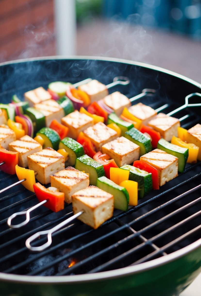 A colorful array of tofu and vegetable skewers sizzling on a grill