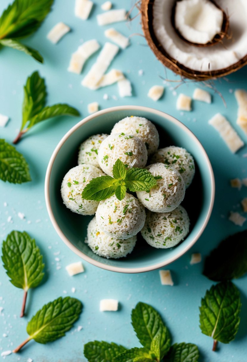 A bowl of mint and coconut ladoo surrounded by fresh mint leaves and coconut shavings