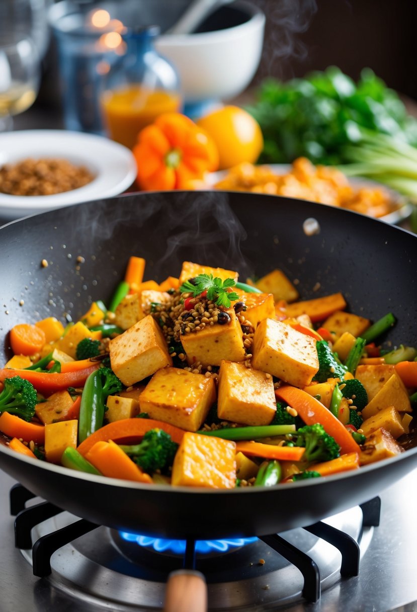 A sizzling wok cooks orange tofu stir-fry with colorful vegetables and aromatic spices, creating a vibrant and appetizing vegan dinner scene