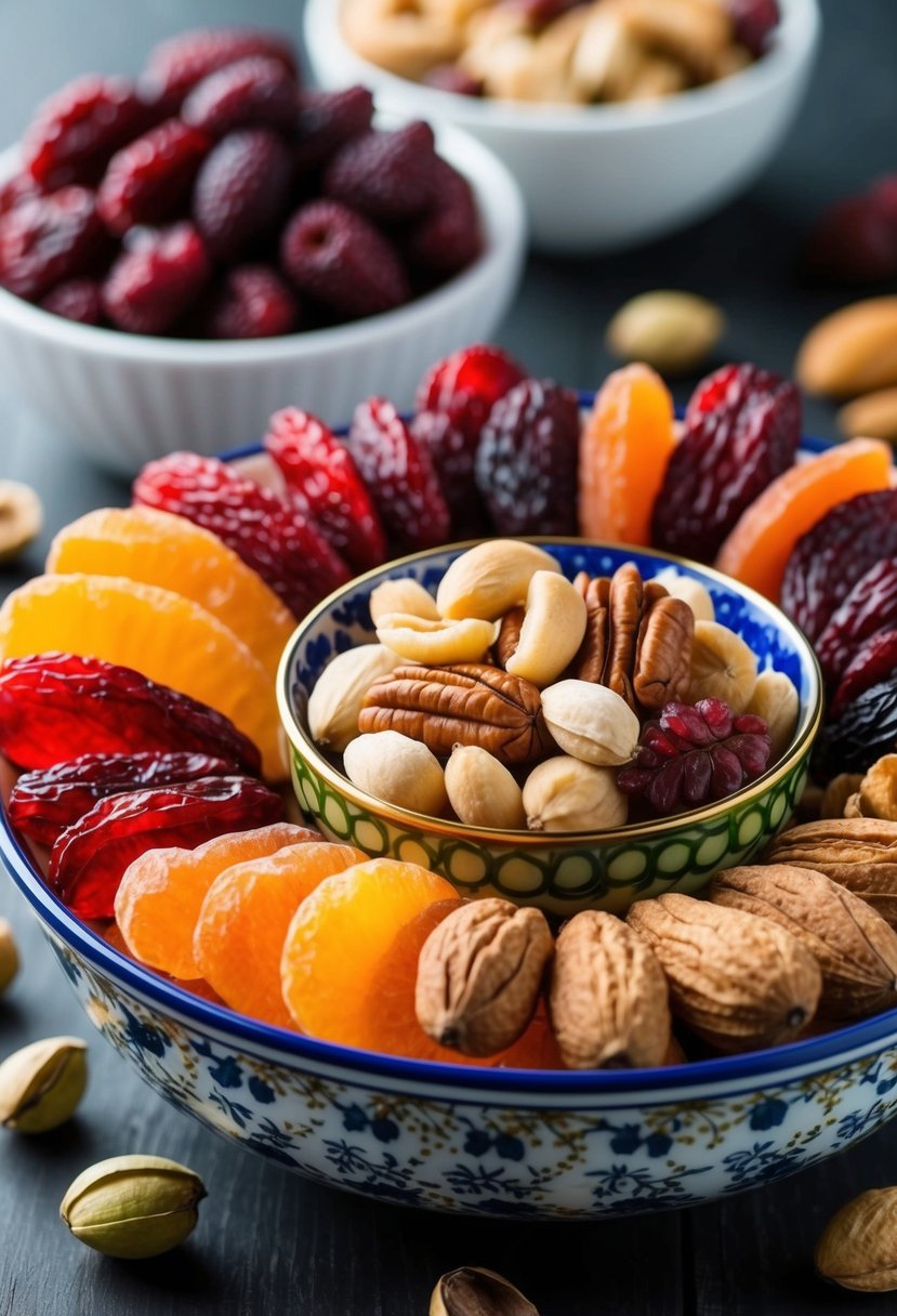 A colorful array of dried fruits and nuts arranged in a decorative bowl