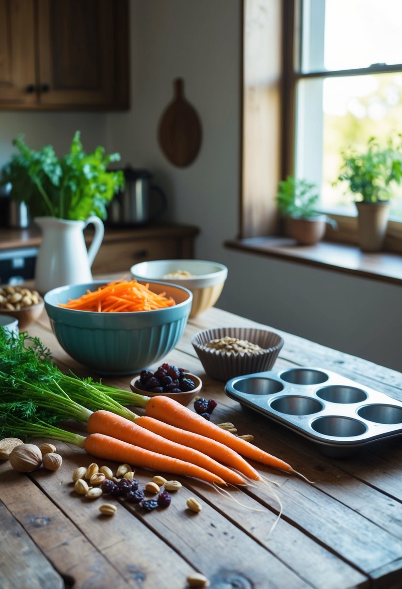 A rustic kitchen scene with a wooden table covered in ingredients like carrots, raisins, and nuts, alongside a mixing bowl and muffin tin. Sunlight streams through a window