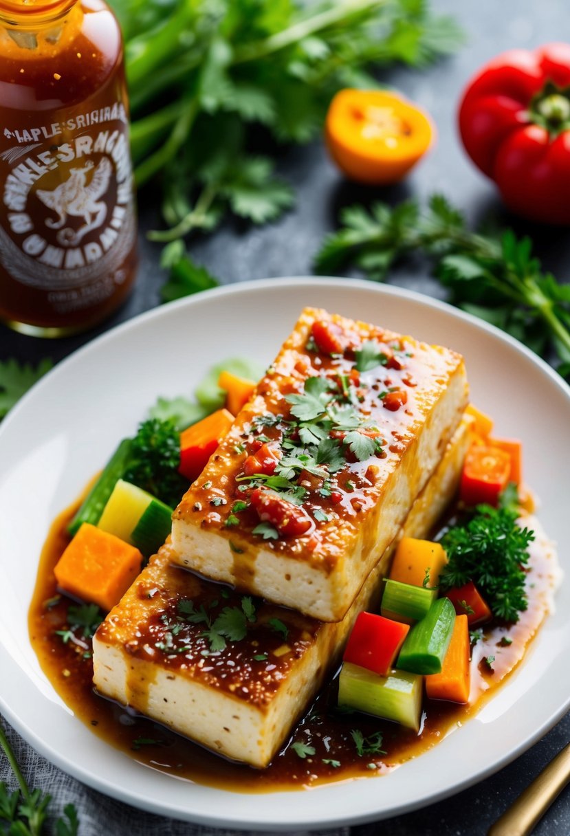 A plate of sizzling tofu coated in maple-sriracha sauce, surrounded by colorful vegetables and herbs