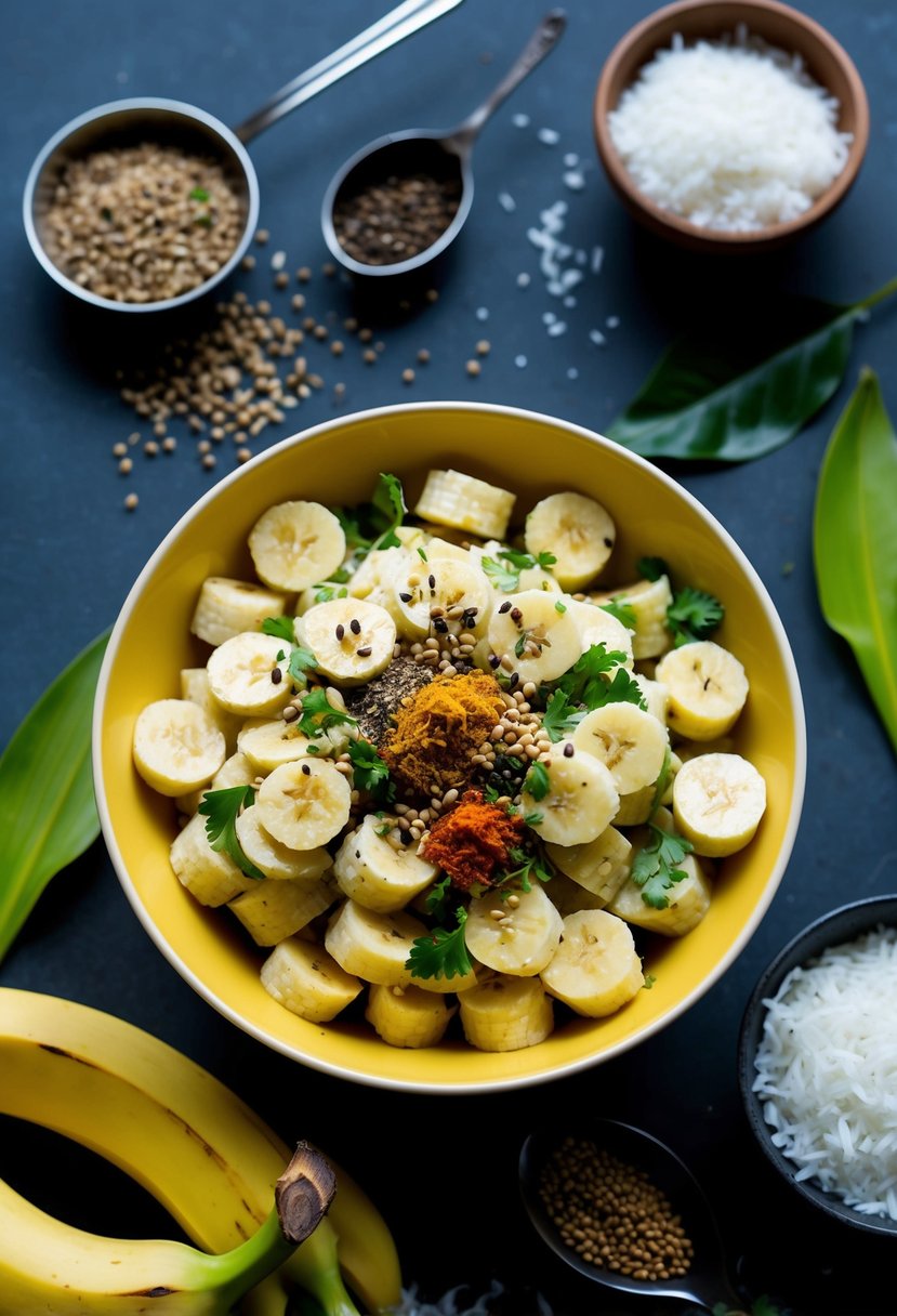 A bowl of raw banana salad with Indian spices and herbs, surrounded by ingredients like mustard seeds, curry leaves, and shredded coconut