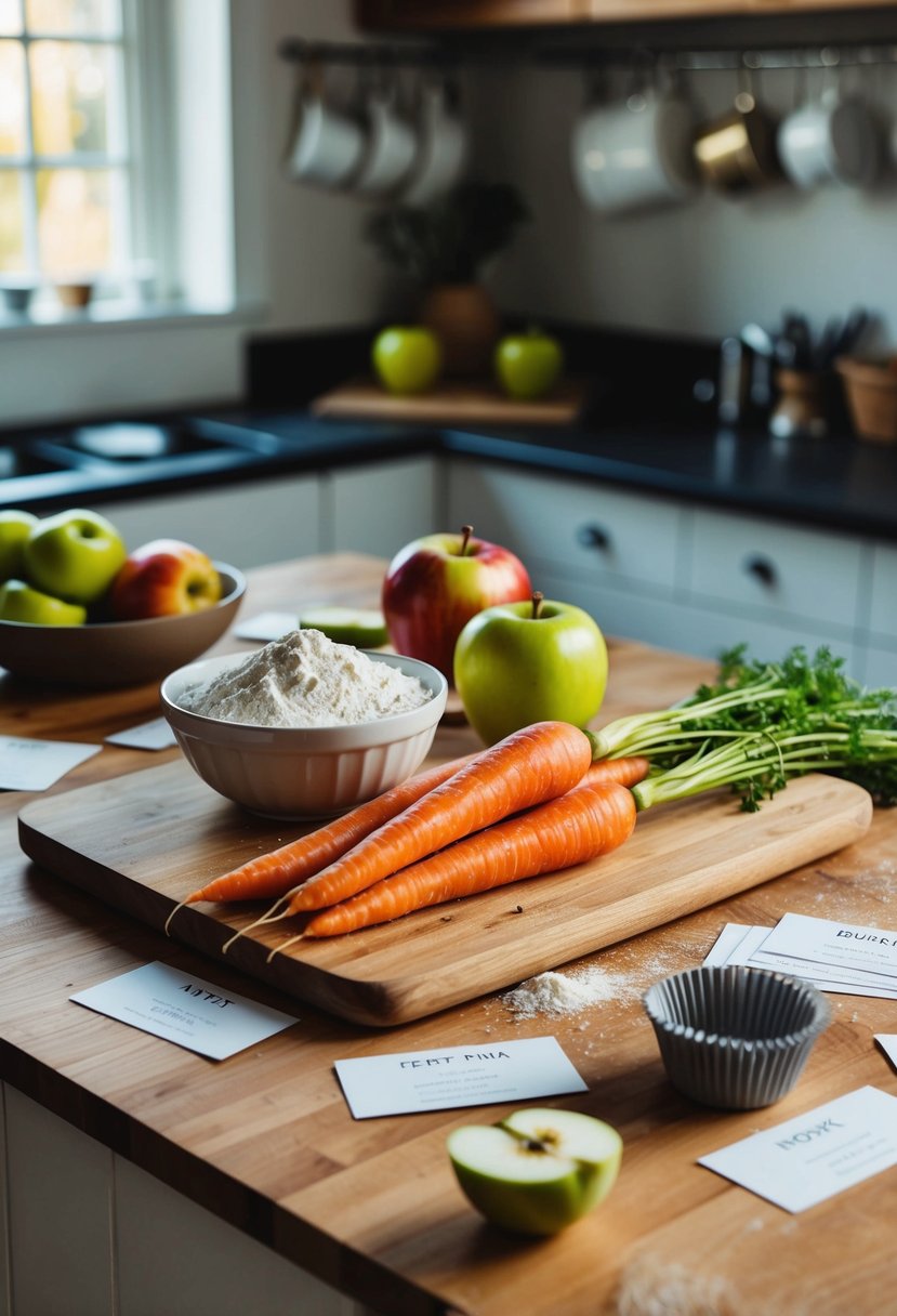 A rustic kitchen counter with a wooden cutting board holding fresh carrots, apples, and a bowl of flour, surrounded by scattered recipe cards and a muffin tin