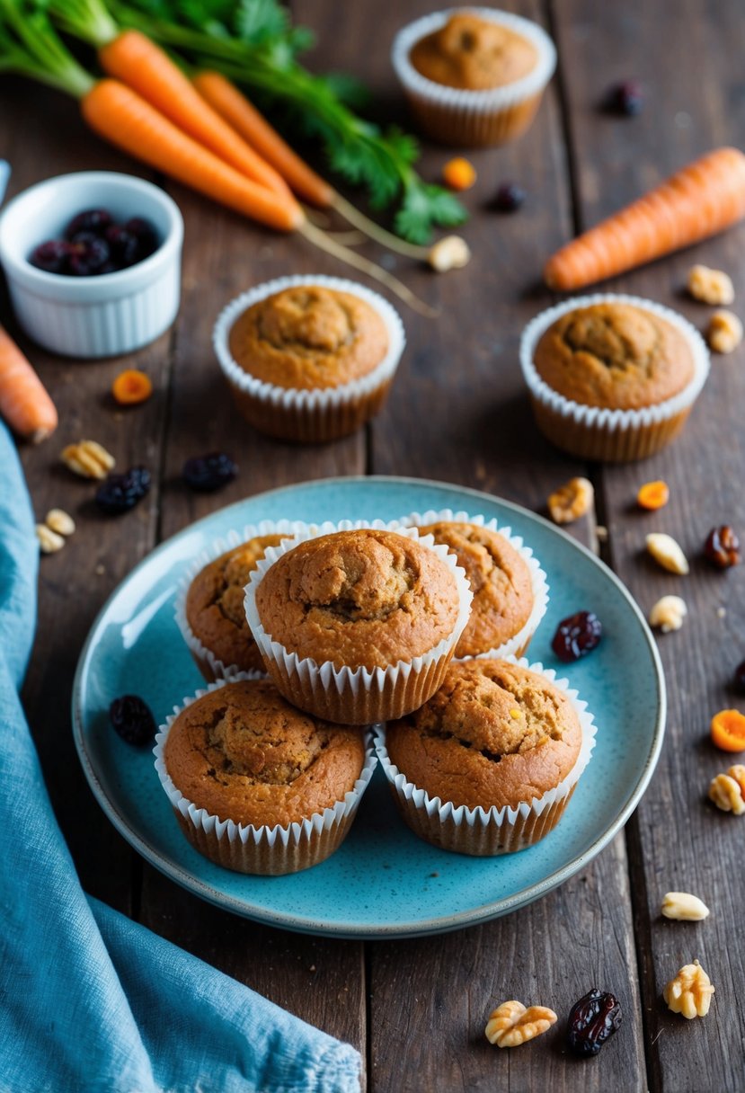 A rustic kitchen table with a plate of freshly baked Gluten-Free Morning Glory Muffins, surrounded by scattered ingredients like carrots, raisins, and nuts