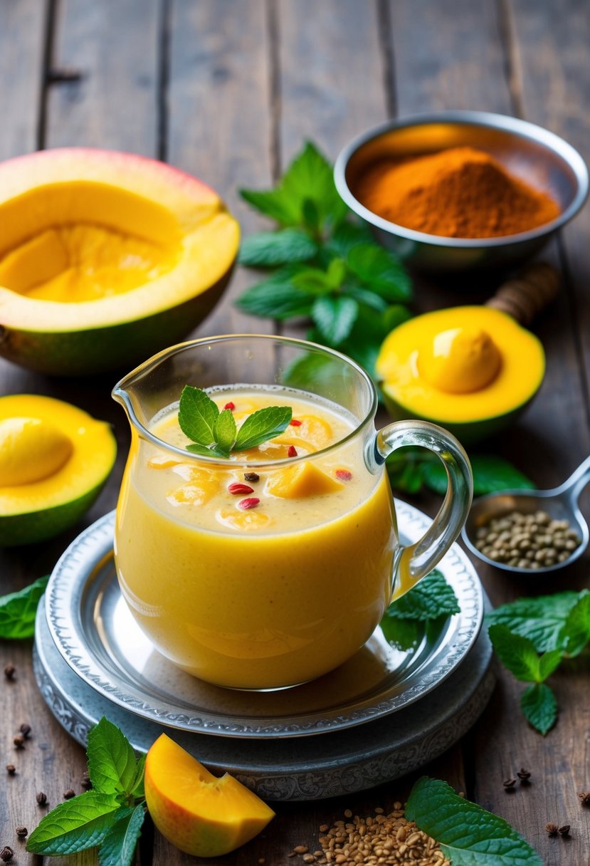 A pitcher of Aam Panna sits on a rustic wooden table, surrounded by fresh mangoes, mint leaves, and a pile of spices