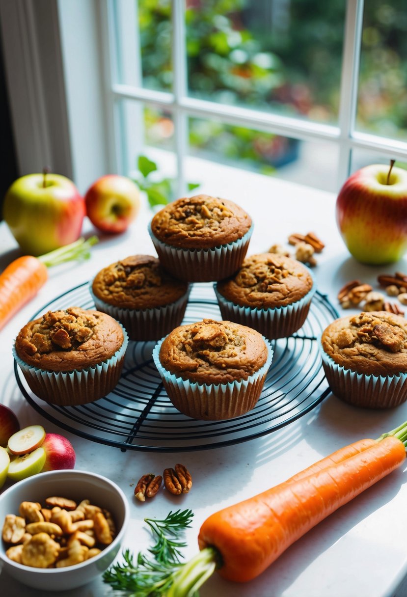 A table set with freshly baked vegan morning glory muffins surrounded by ingredients like carrots, apples, and nuts. Sunlight streams through a nearby window, casting a warm glow over the scene