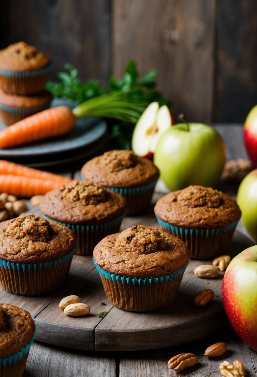 A rustic kitchen scene with a wooden table set with freshly baked whole wheat morning glory muffins, surrounded by ingredients like carrots, apples, and nuts