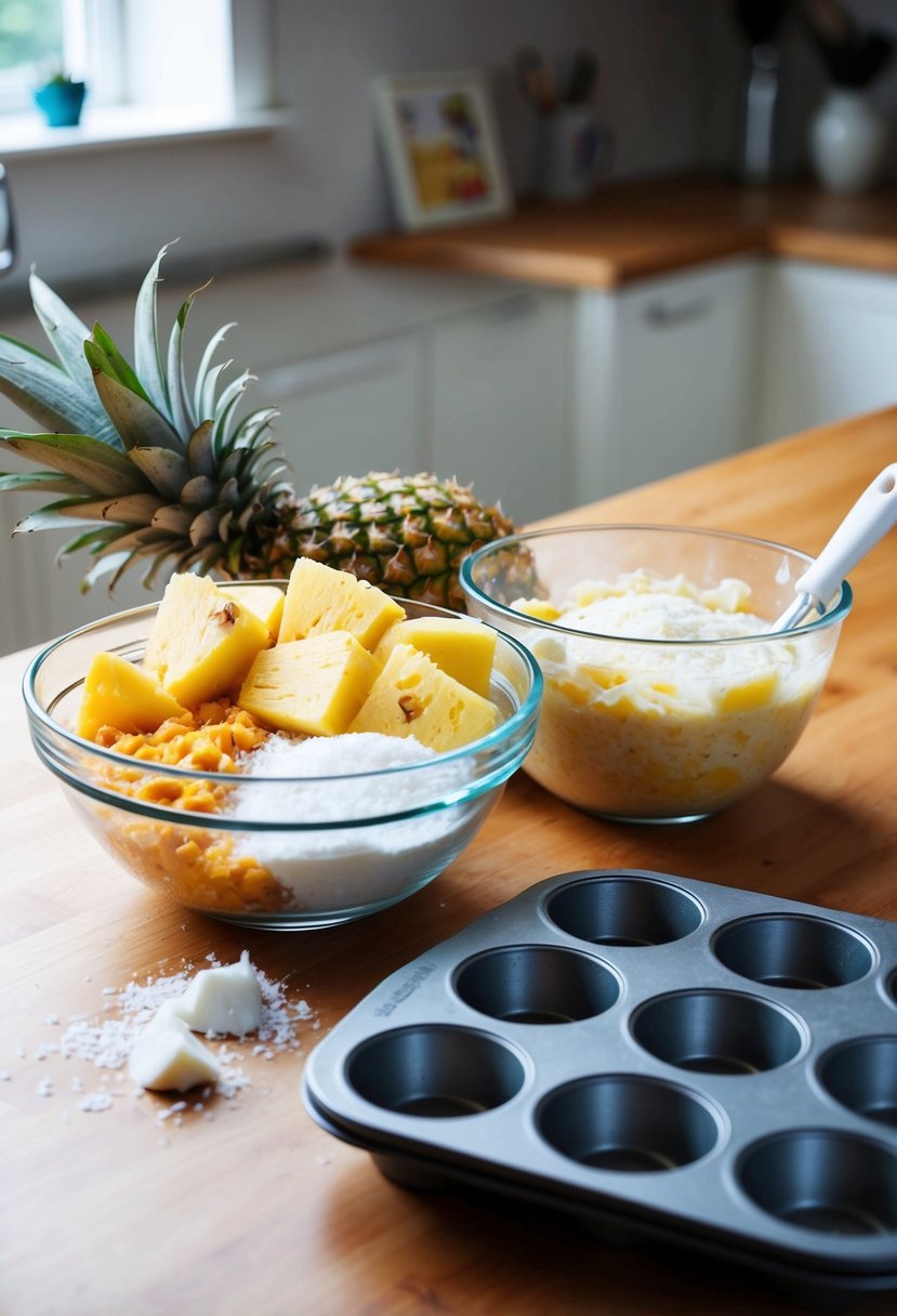 A kitchen counter with a mixing bowl filled with ingredients like pineapple, coconut, and muffin batter. A muffin tin sits nearby, ready to be filled and baked