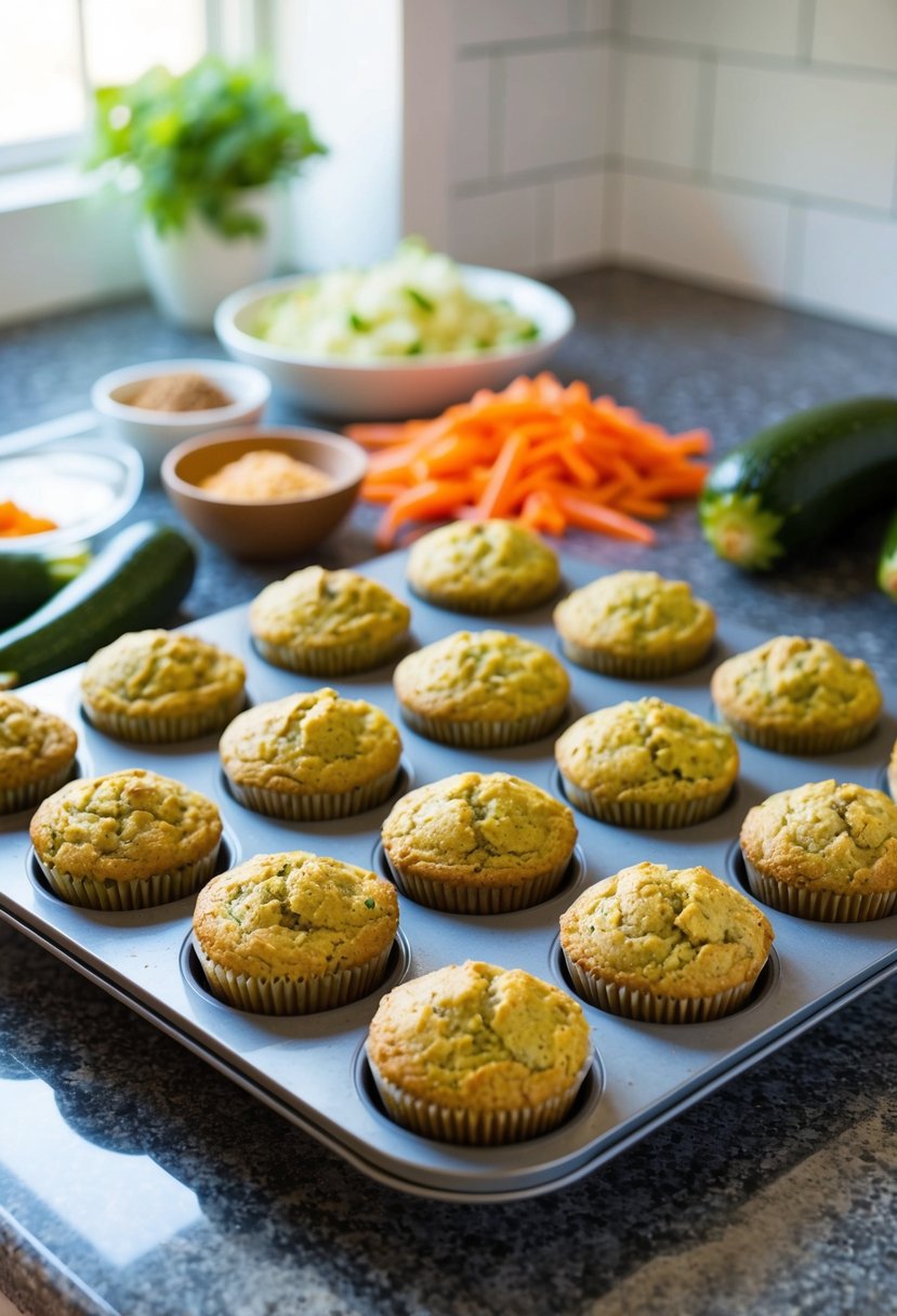 A kitchen counter with a tray of freshly baked zucchini morning glory muffins, surrounded by ingredients like shredded zucchini, carrots, and spices