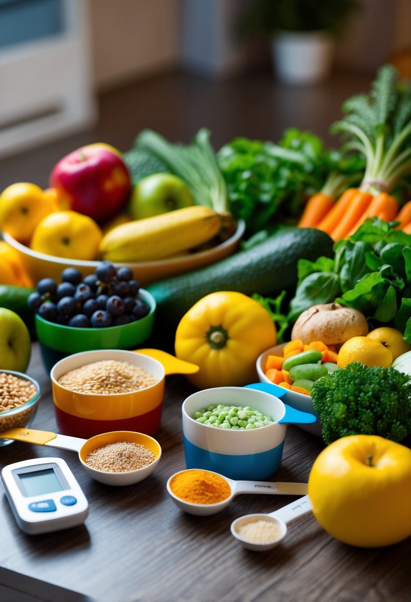 A table filled with colorful fruits, vegetables, and whole grains, surrounded by measuring cups and spoons. A glucometer sits nearby