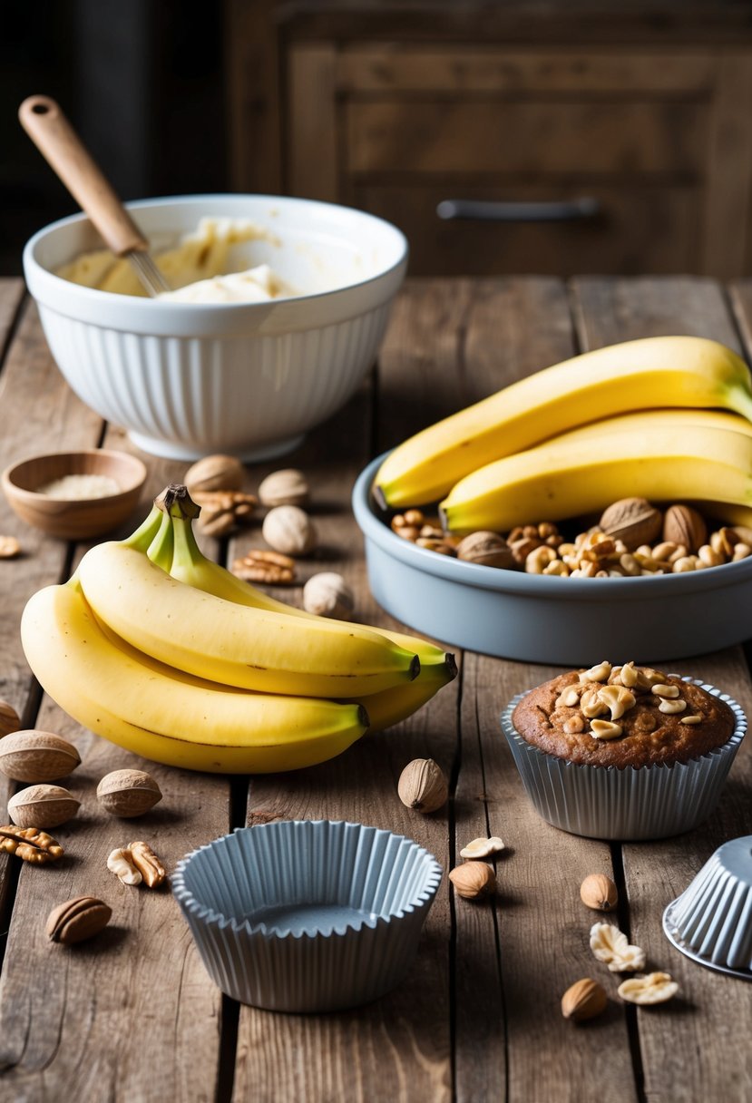 A rustic kitchen with a wooden table covered in fresh bananas, nuts, and a mixing bowl. A muffin tin sits nearby, ready to be filled with batter