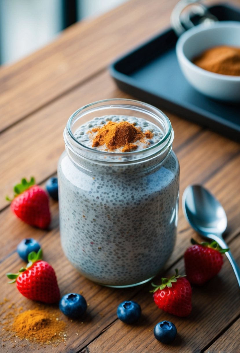 A glass jar filled with chia seed pudding, surrounded by fresh berries and a sprinkle of cinnamon on a wooden table