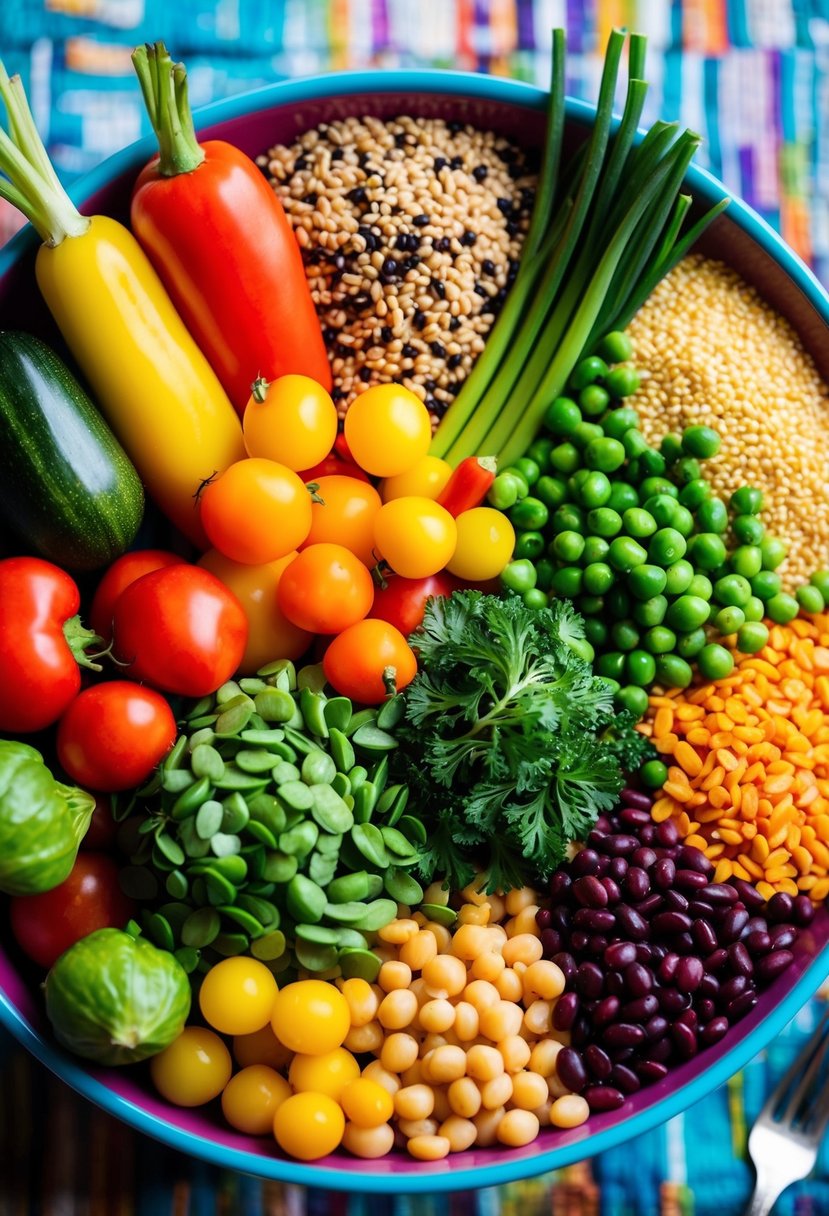 A colorful array of fresh vegetables, grains, and legumes arranged in a vibrant bowl