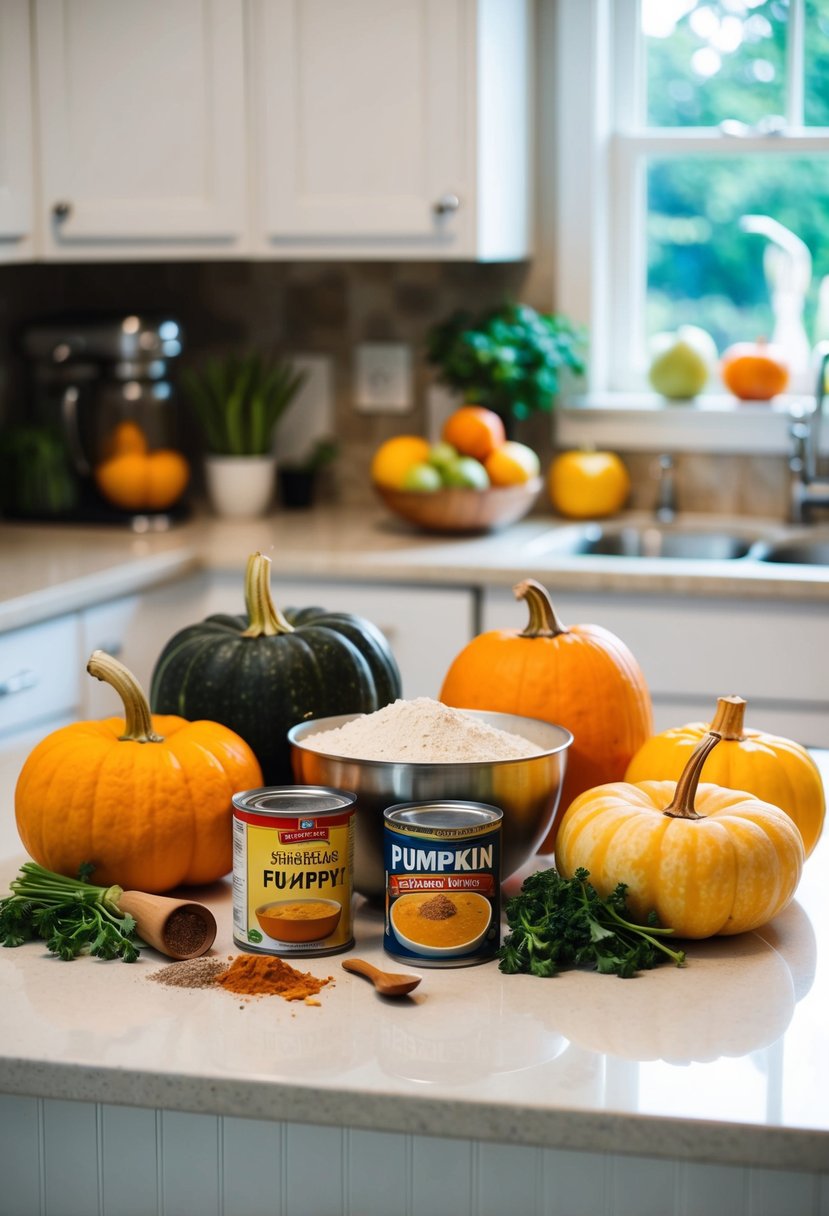 A kitchen counter with a mixing bowl, flour, spices, and a can of pumpkin, surrounded by fresh fruits and vegetables