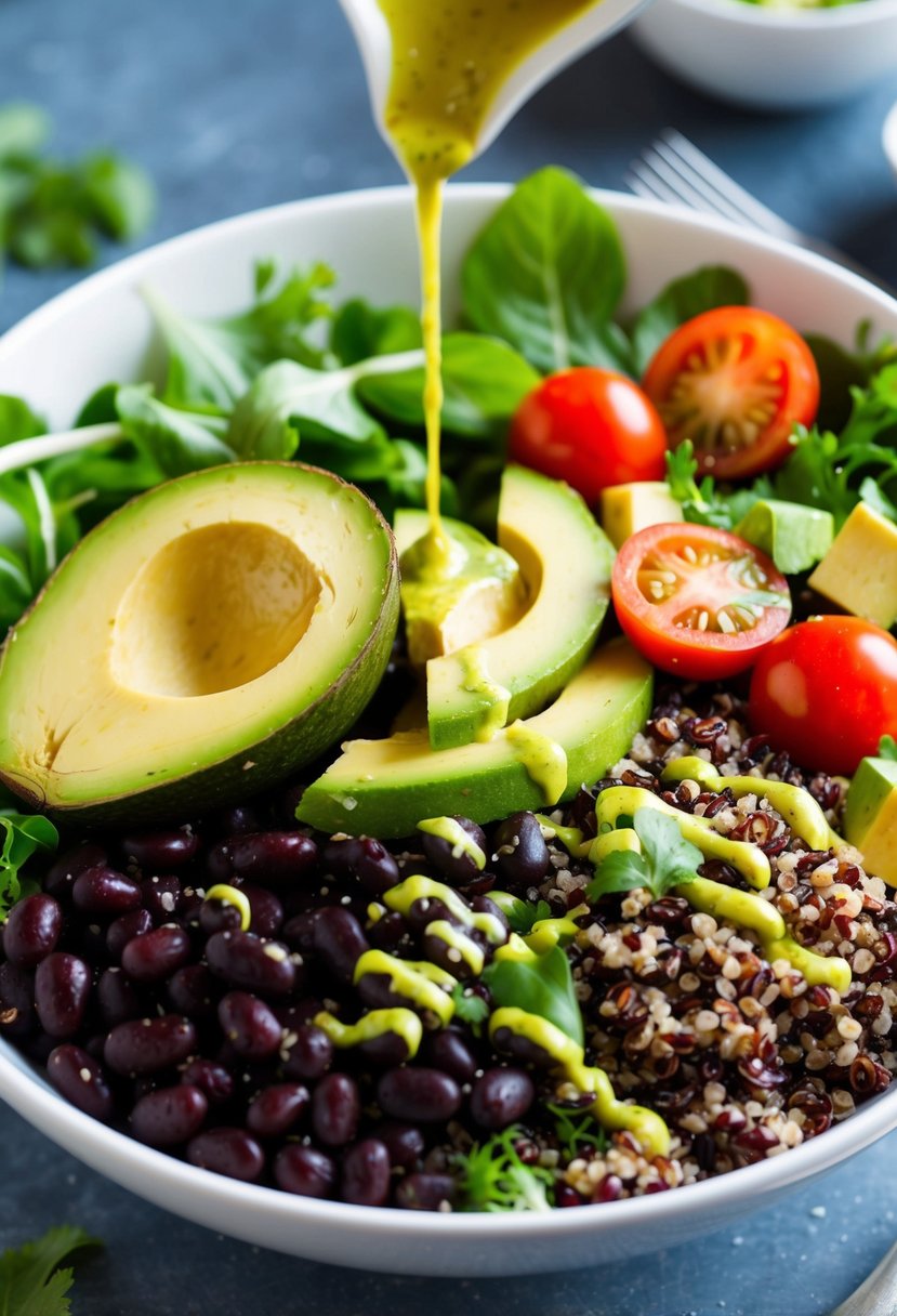 A colorful bowl filled with quinoa, black beans, avocado, cherry tomatoes, and fresh greens, drizzled with a zesty dressing