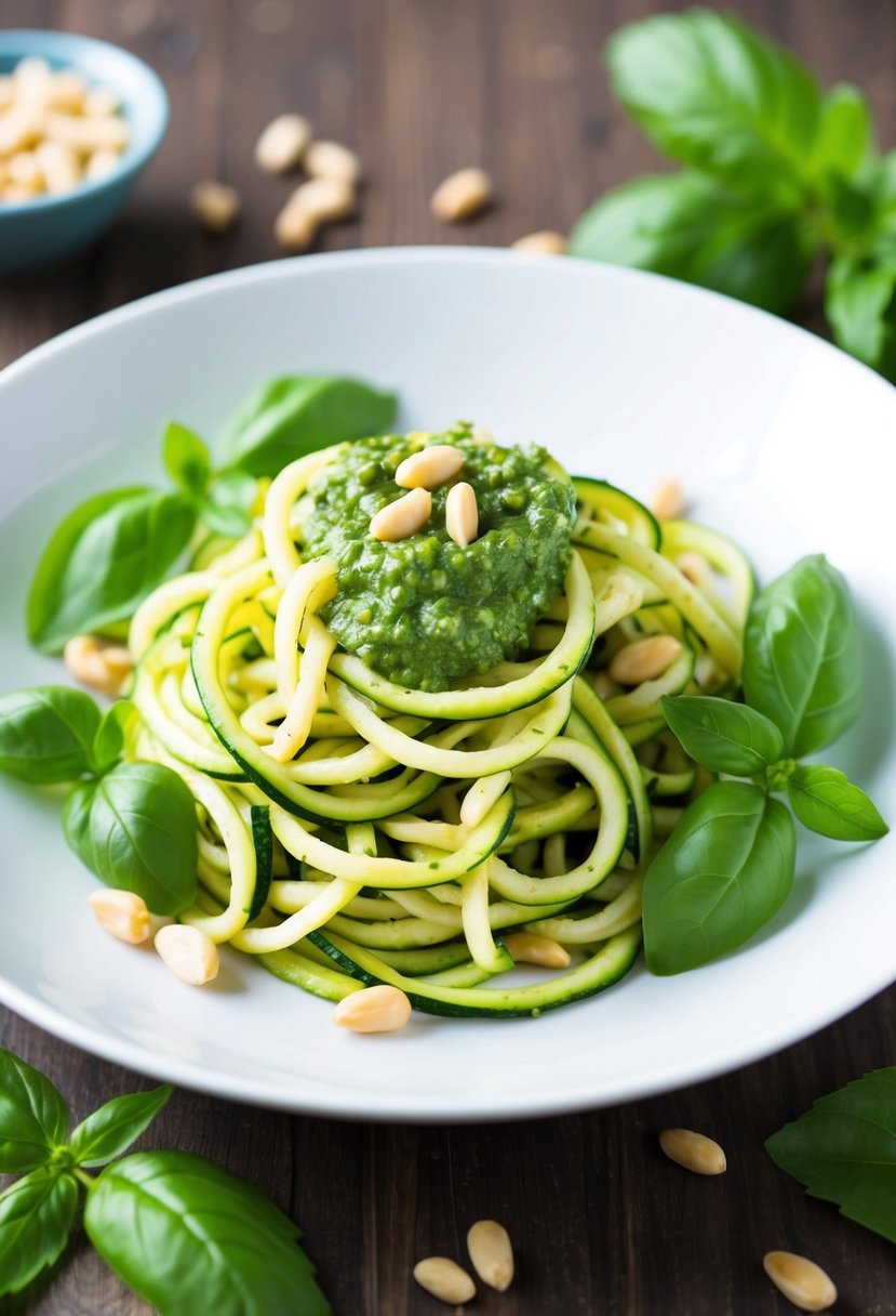 A plate of zucchini noodles topped with vibrant green pesto sauce, surrounded by fresh basil leaves and pine nuts