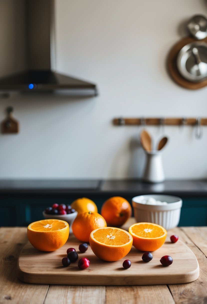 A rustic kitchen counter with a wooden cutting board holding fresh oranges, cranberries, and other ingredients for morning glory muffin recipes