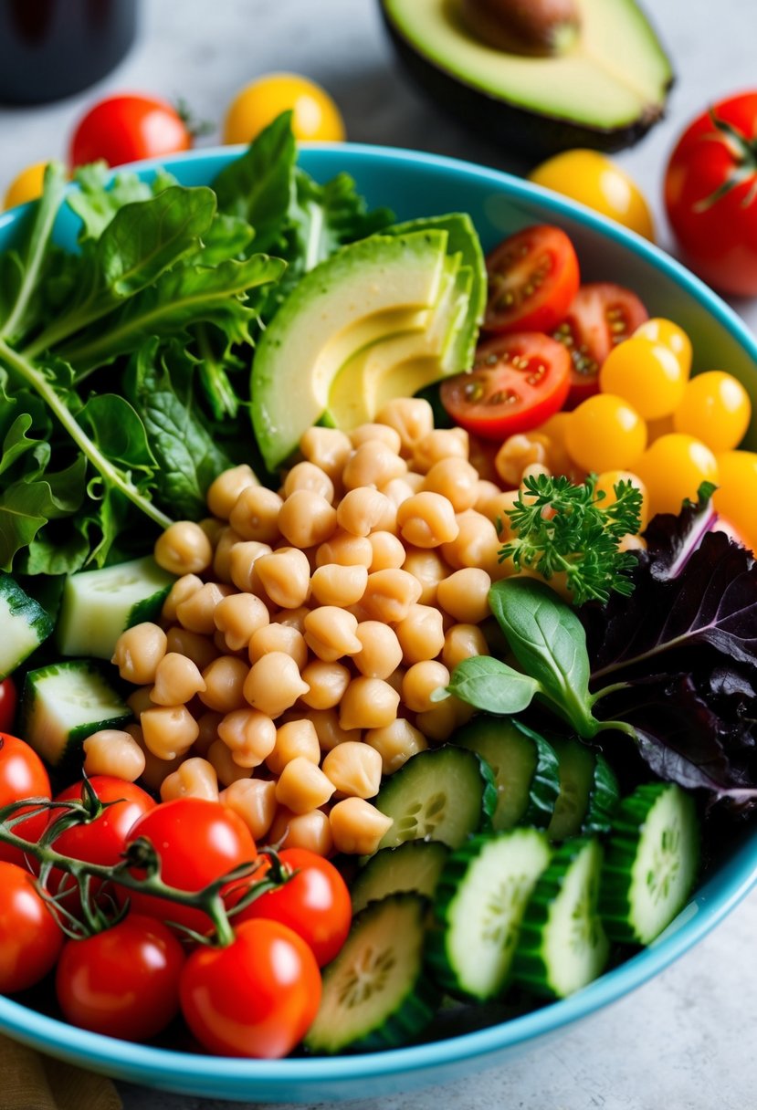 A colorful array of fresh chickpeas, mixed greens, tomatoes, cucumbers, and avocado, all arranged in a vibrant bowl