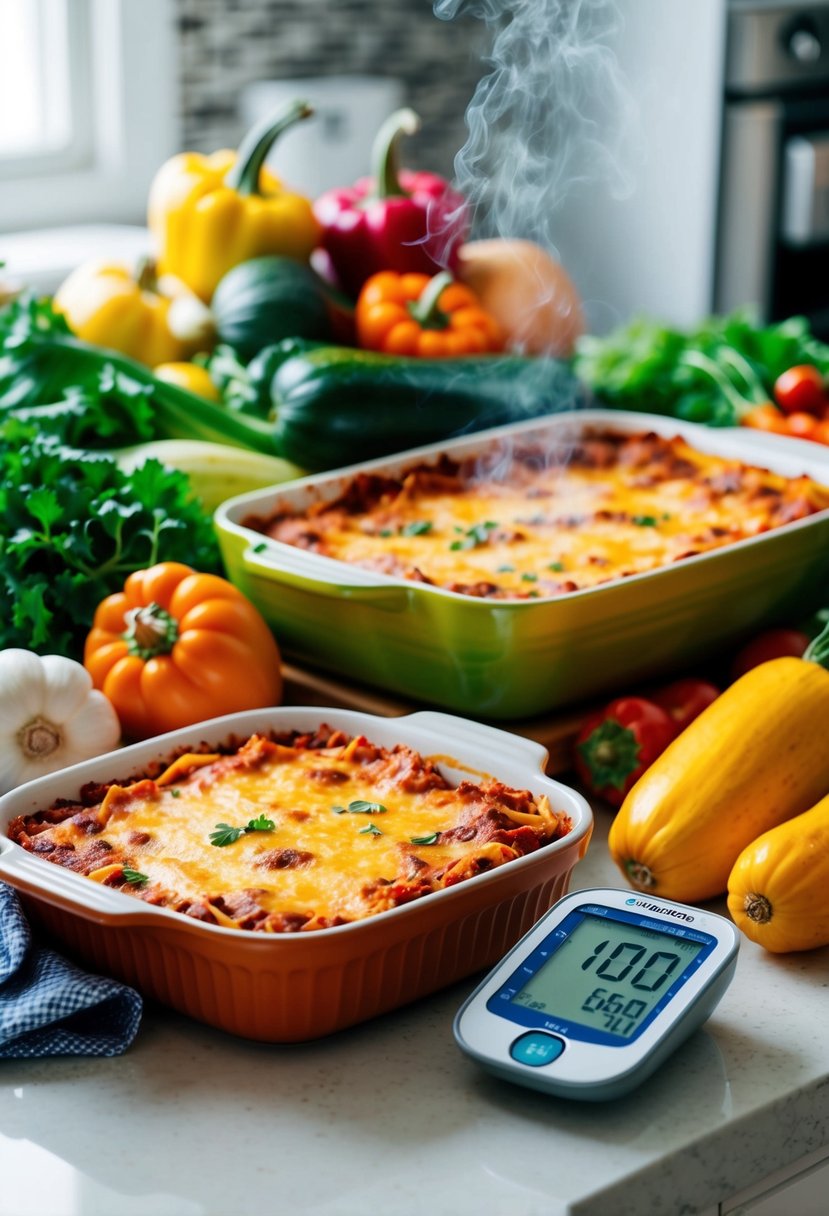 A colorful array of fresh vegetables, a steaming casserole dish of spaghetti squash lasagna, and a blood glucose monitor on the kitchen counter