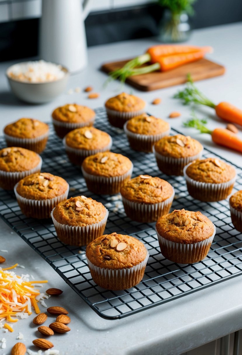 A kitchen counter with a fresh batch of Almond Joy Morning Glory Muffins cooling on a wire rack, surrounded by scattered ingredients like shredded coconut, almonds, and carrots