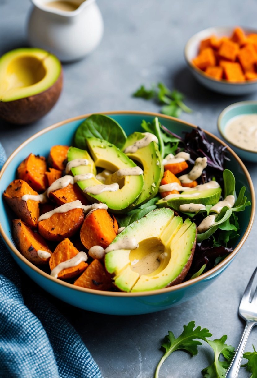 A colorful bowl filled with roasted sweet potatoes, sliced avocado, mixed greens, and a drizzle of tahini dressing