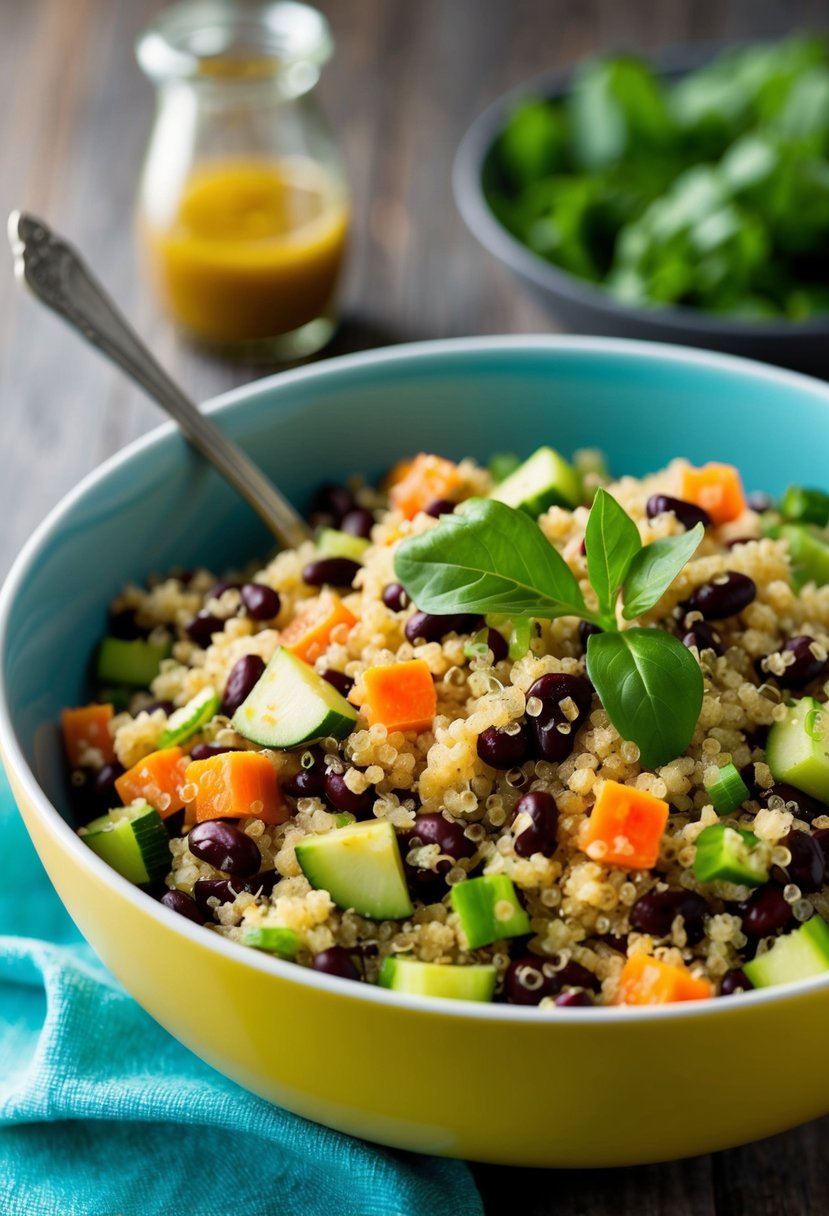 A colorful bowl of quinoa and black bean salad with fresh vegetables and a light vinaigrette dressing