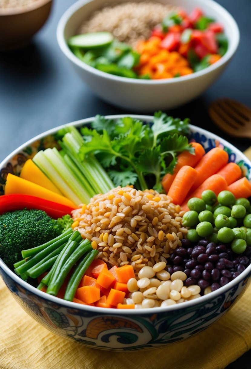 A vibrant assortment of fresh vegetables, grains, and legumes arranged in a colorful and nourishing Buddha Bowl