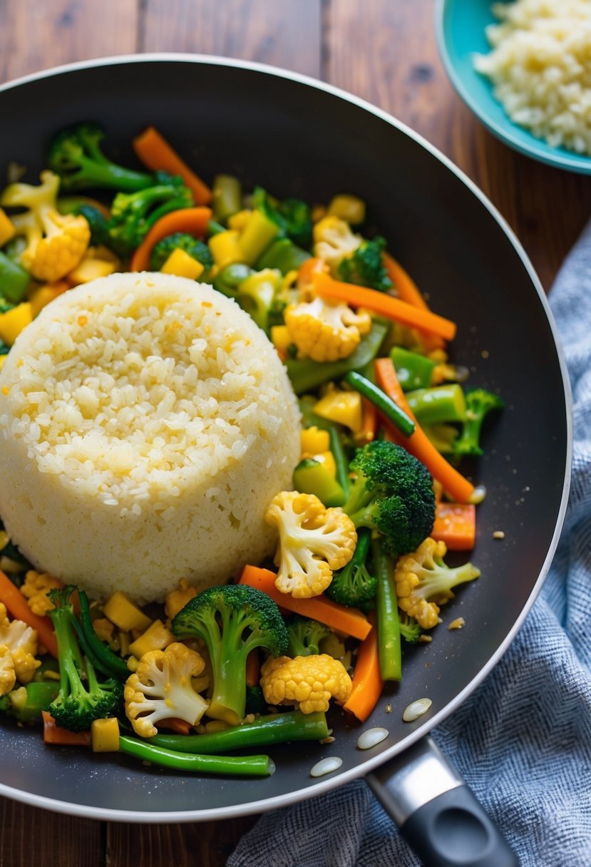 A colorful stir fry sizzling in a pan, featuring cauliflower rice, mixed vegetables, and lean protein