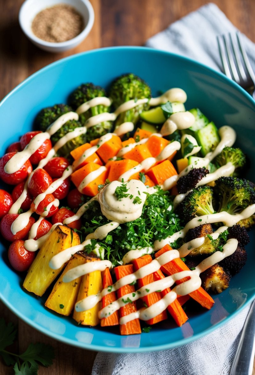 A colorful array of roasted vegetables arranged in a bowl, drizzled with creamy tahini sauce